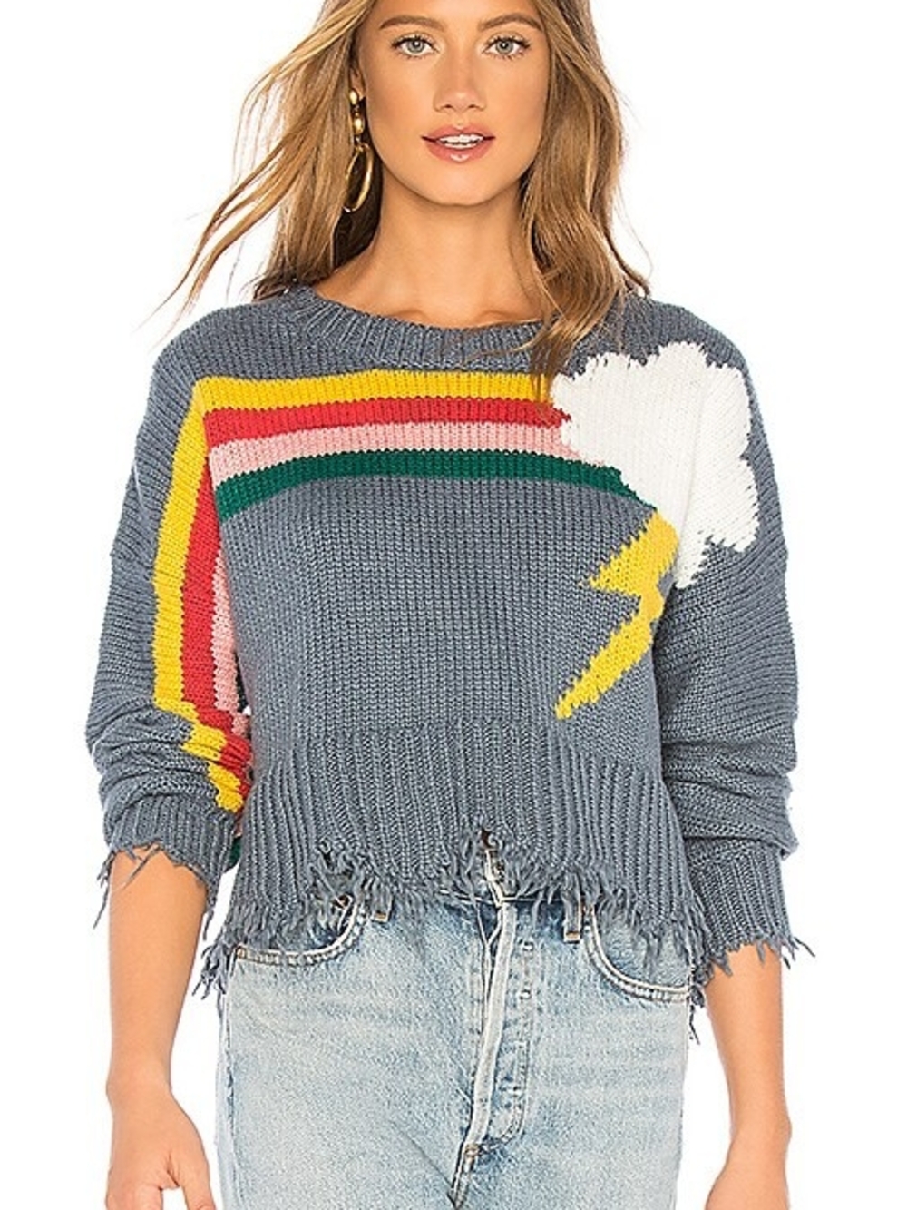 Wildfox Rainbow Storm In Vision Blue Knit Sweater Destucted Bohobocentric